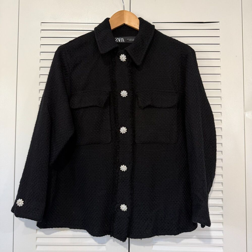 ZARA Woman XS Black Textured Tweed Shirt Jacket Rhinestone Jewel Buttons
